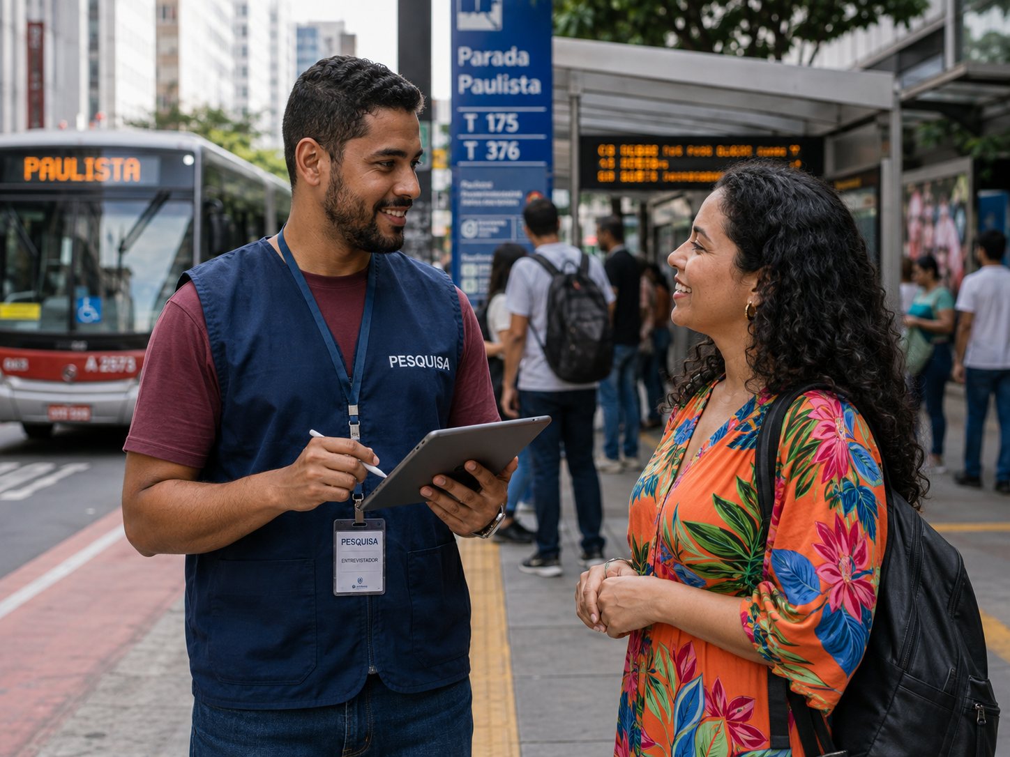 Entrevistador aplicando pesquisa de opinião em ponto de ônibus