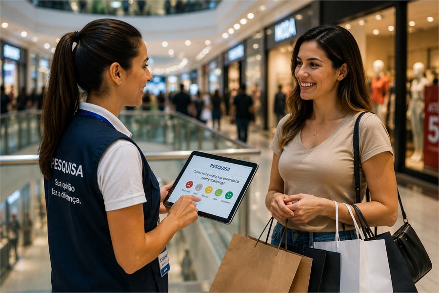 Entrevistadora aplicando questionário em ambiente de shopping