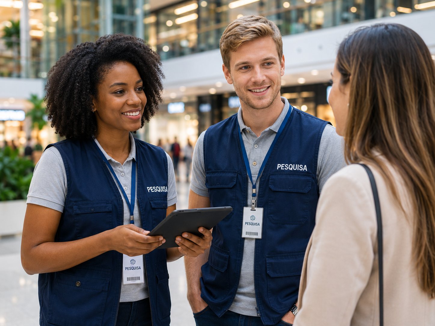 Equipe de pesquisadores em campo em ambiente de shopping