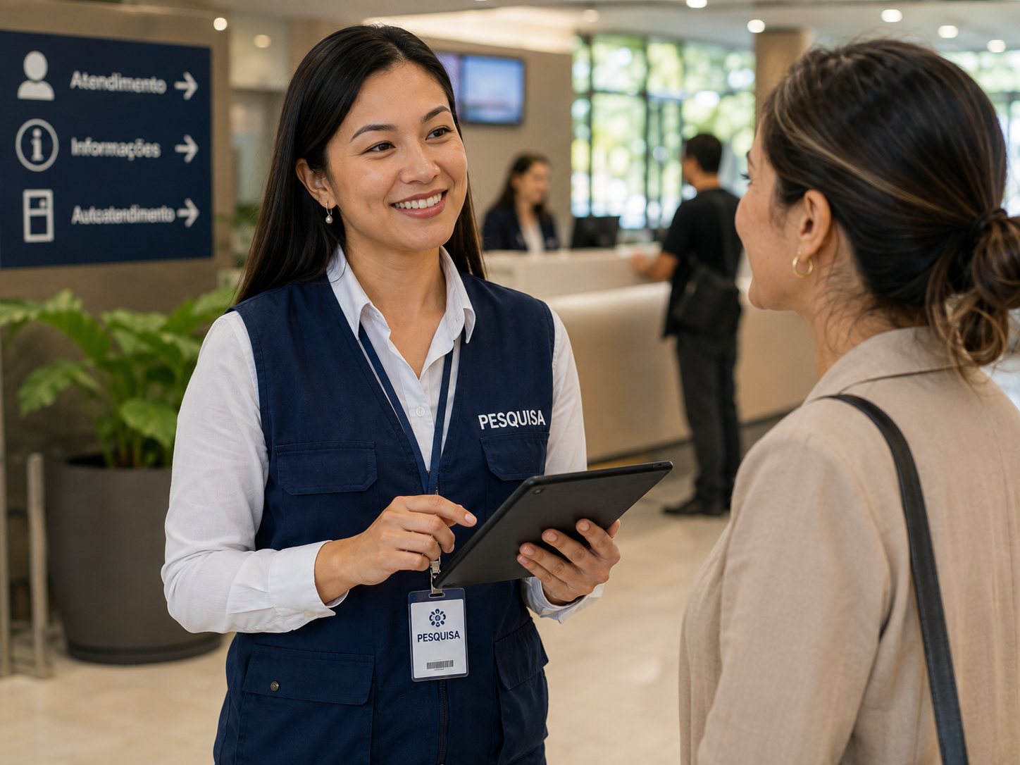 Pesquisadora entrevistando em recepção corporativa