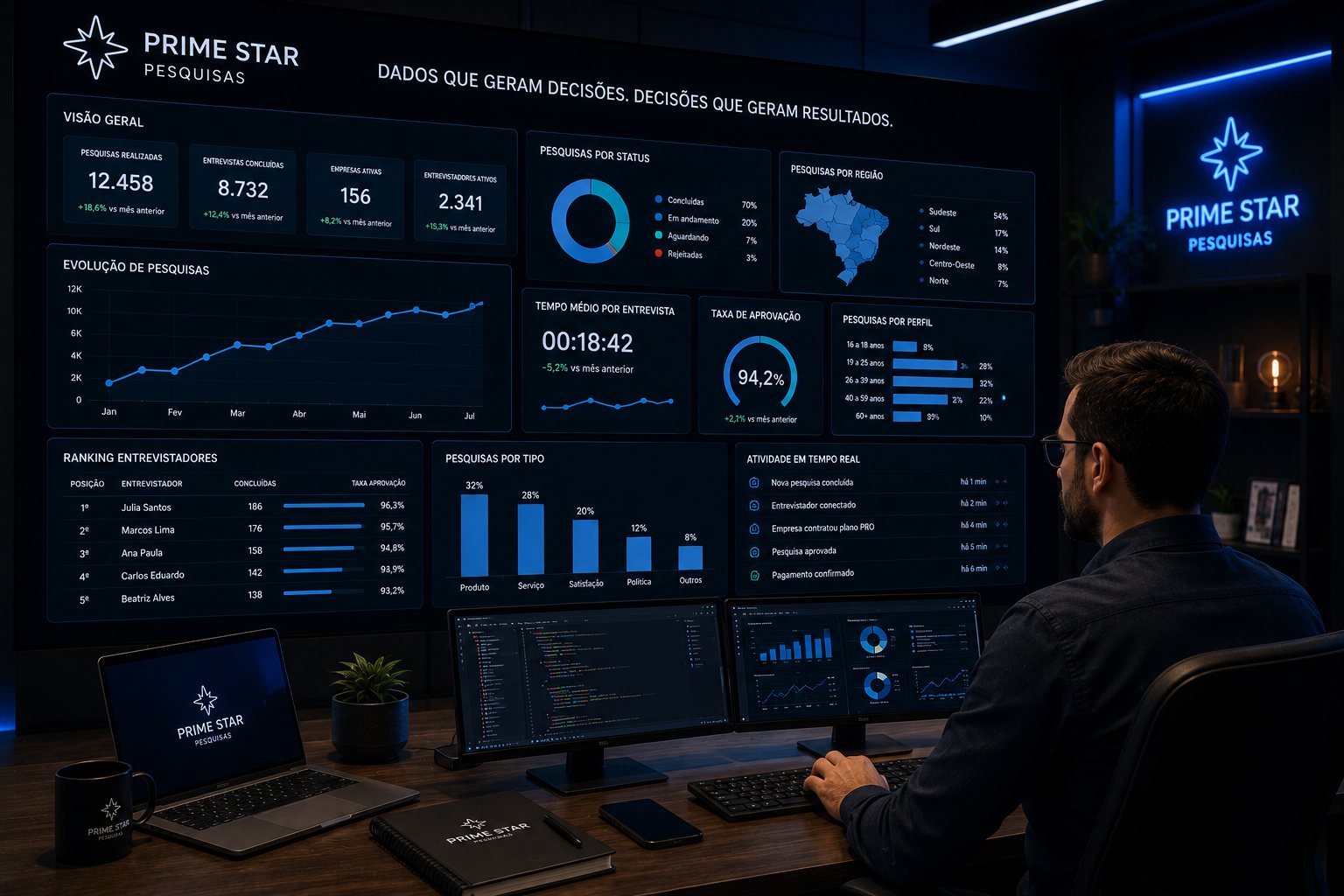 Analista acompanhando painel de indicadores de pesquisa